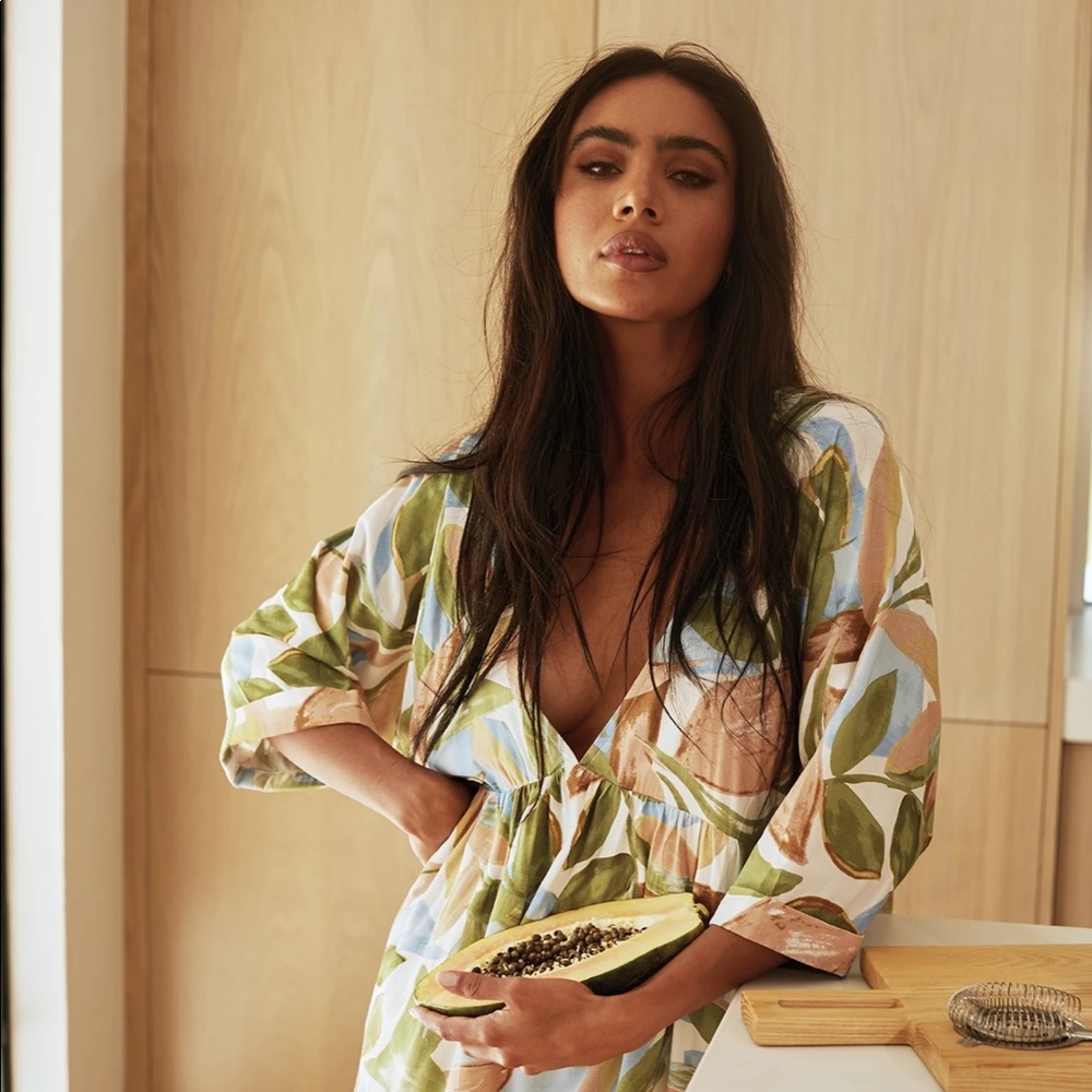Girl and the sun Coral mini dress in leaf print